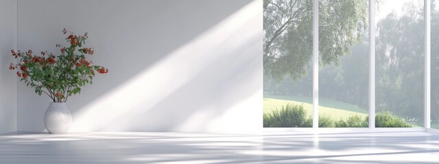 3D rendering of a white empty room featuring a summer landscape view through the window showcasing Scandinavian interior design