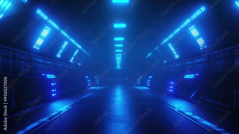 Poster 3d rendering of a dark abstract scene featuring searchlight rays neon blue highlights and illuminate