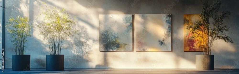 Poster 3d rendering of artistic work displayed on a wall