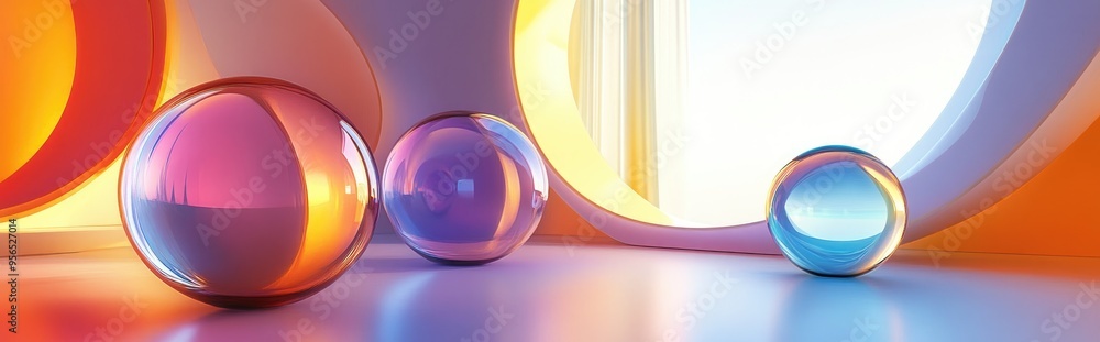Aufkleber 3d rendering of an abstract interior featuring gradient colored glass spheres and a large window