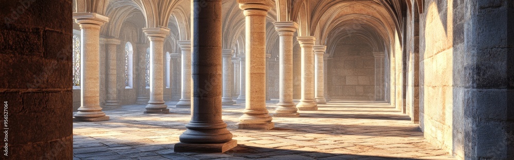 Aufkleber 3d rendering of stone columns in a cathedral cloister