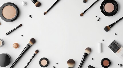 A collection of various makeup brushes and cosmetic products arranged on a white surface for beauty enthusiasts