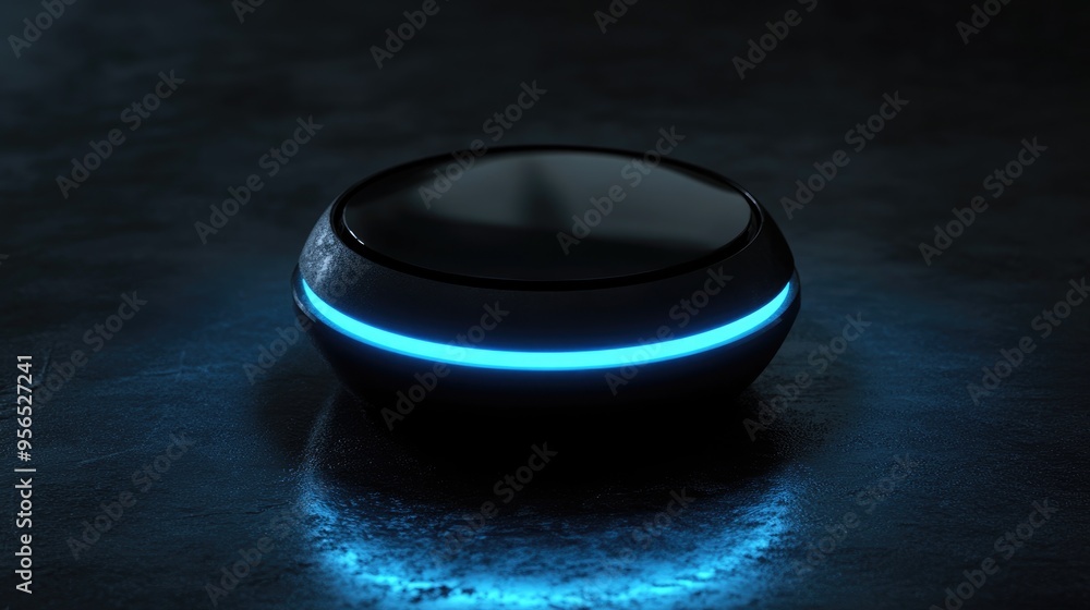 Poster 3d rendering of a black scientific object illuminated by blue light against a dark background