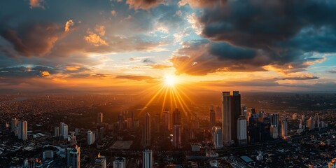 Obraz premium A panoramic view of a city skyline during sunset, capturing the dramatic transition of colors in the sky as the sun sets, casting warm hues over the buildings.