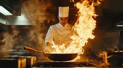 Chef working in a professional kitchen, flames rising from a pan, dramatic lighting, midshot, dynamic and intense cooking scene