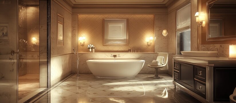 3D rendering of an elegant luxury hotel bathroom interior design - Powered by Adobe