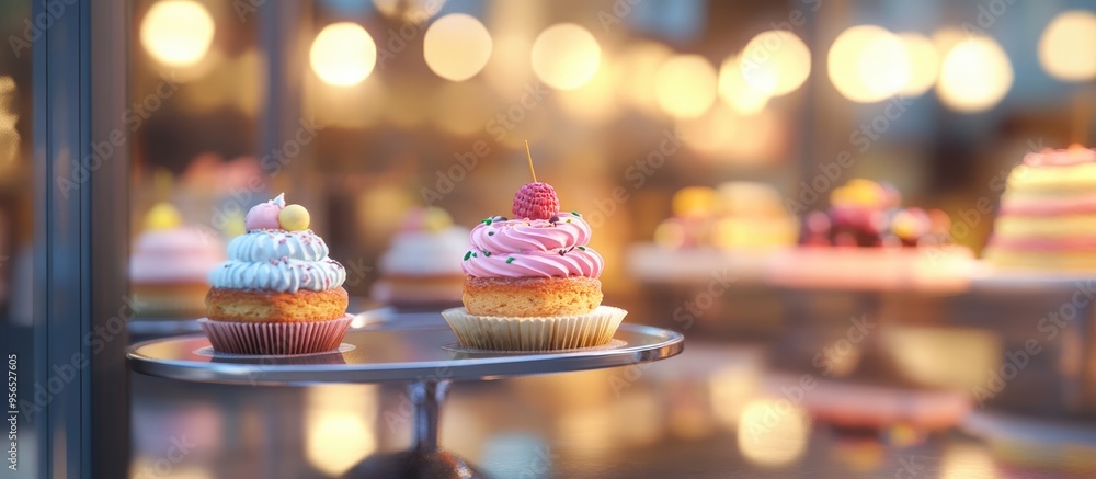 Poster 3d rendering of an abstract blurred background featuring a dessert showcase