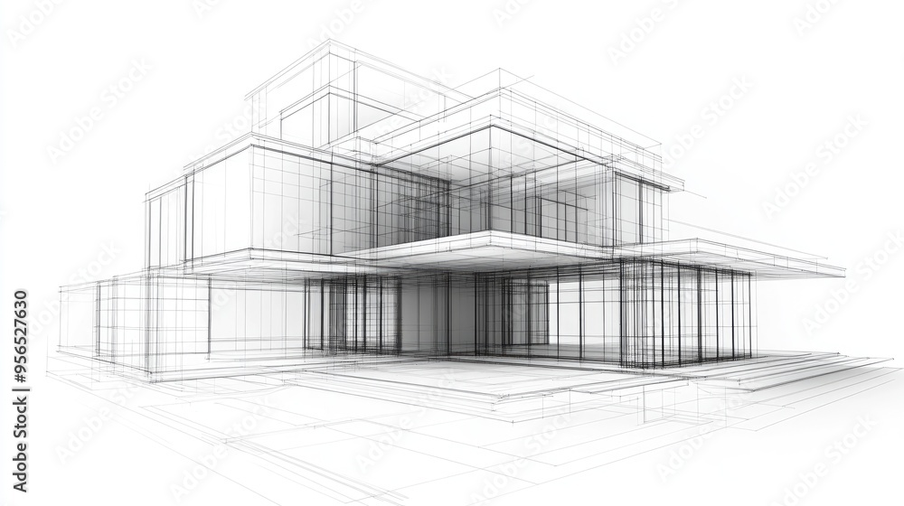Poster abstract architectural structure plan of contemporary residence wireframe low poly mesh design 3d re