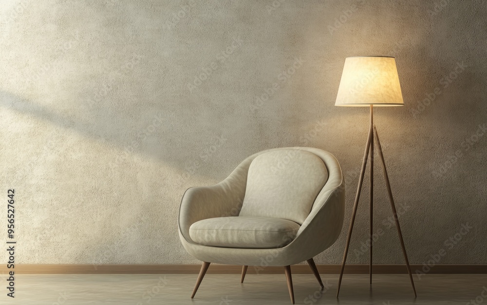 Poster 3d rendering of a retro armchair and floor lamp set against a wall background in a clay illustration