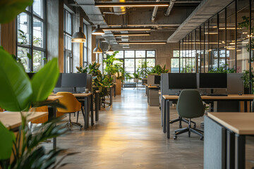 Fototapeta premium A glimpse into a modern, open-plan office, bathed in natural light, with sleek workstations and vibrant greenery, exuding a sense of collaboration and innovation.