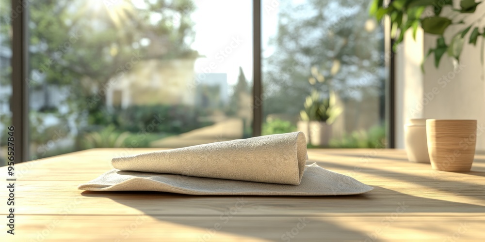 Poster 3d rendering of a cloth napkin on a wooden table with a glass window backdrop for product display de