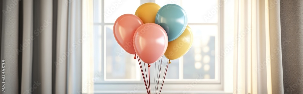 Poster 3d rendering of decorative balloons in front of a window