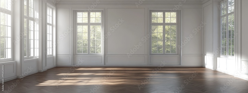 Poster empty room with white walls windows and parquet flooring in 3d rendering
