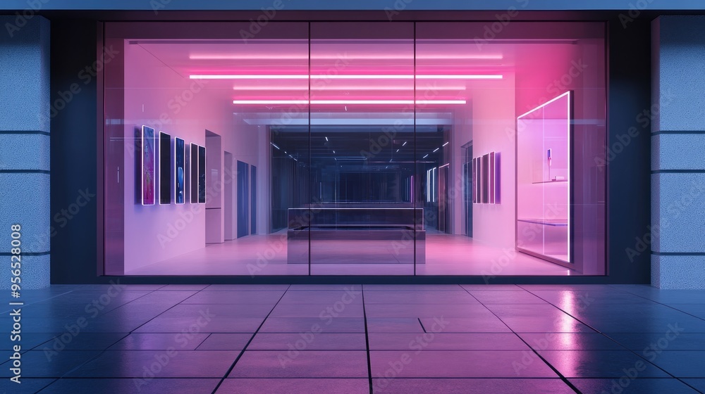 Poster 3d rendering of a smartphone store facade featuring a glass storefront and neon signage with vacant 