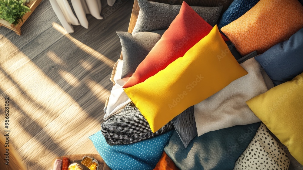 Aufkleber 3d rendering of a home interior featuring a tailor s workspace with a pile of colorful fabric materi