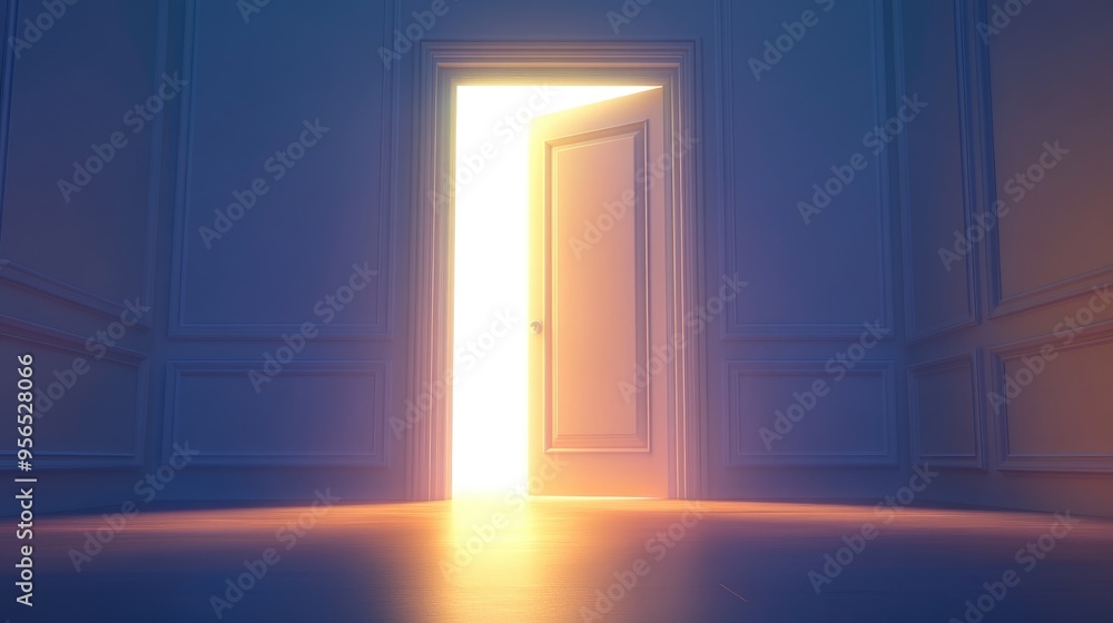 Poster 3d rendering of an open door illuminated by bright light