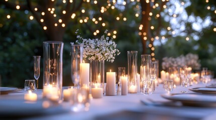 3D rendering of a luxurious outdoor table setting featuring elegant decor and candle placements perfect for any event