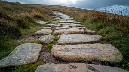 Stone footpath on the The Great Ridge hill in the English Peak District : Generative AI