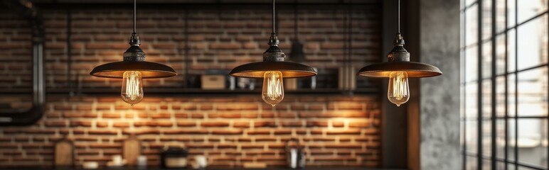 3D rendering of pendant lighting fixtures featuring Edison bulbs in a loft style interior of a dimly lit space