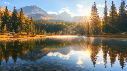 Crystalclear alpine lake with mountain reflection, sunburst through trees, early morning light, wideangle, peaceful and pristine