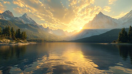 Crystalclear lake with towering peaks, golden sunset light, wideangle shot, peaceful mountain sanctuary