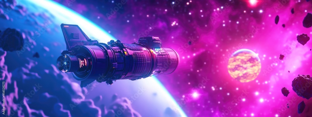 Poster 3d cartoon depiction of a cargo spaceship in orbit around a planet with stars in the background