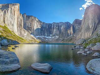 Deep mountain valley lake, towering cliffs, clear sky, midday light, wideangle panorama, majestic and untouched nature