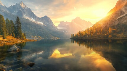 Crystalclear lake with towering peaks, golden sunset light, wideangle shot, peaceful mountain sanctuary