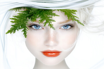 A woman with a green leaf on her head. The leaf is made of fake foliage. The woman has a bright smile and is wearing red lipstick. The image has a cheerful and playful mood