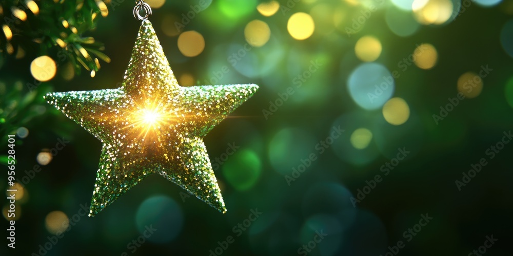 Poster Twinkling glitter forms a star in shades of white and yellow enhanced by a bokeh effect set against a dark green background with a bright highlight in the center 3D cartoon rendering