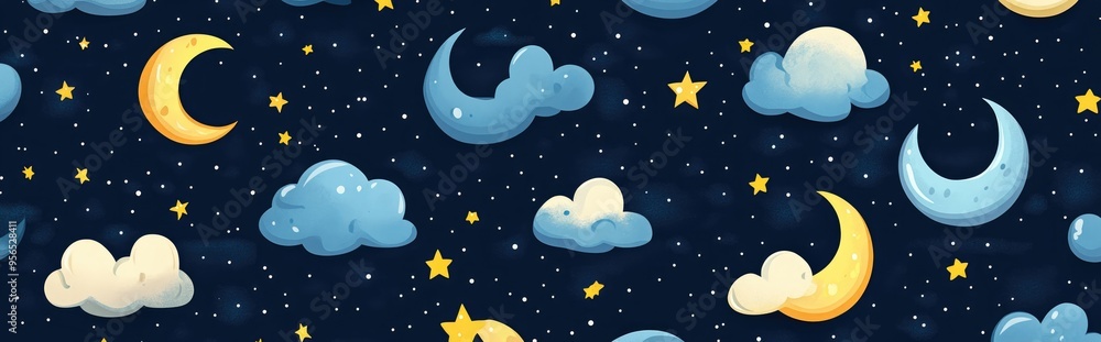 Poster seamless pattern featuring a 3d cartoon rendering of moons stars and clouds inspired by a starry nig