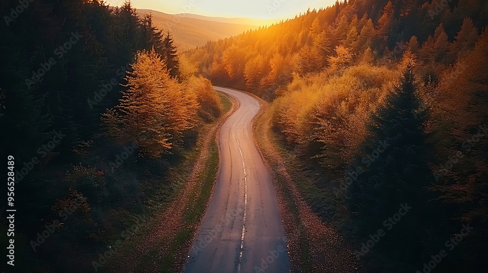 Aufkleber aerial view of mountain road in forest at sunset in autumn in ukraine top drone view of road in wood