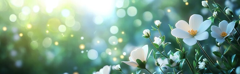 3D cartoon depiction of beautiful white flowers in a garden surrounded by a natural green bokeh background