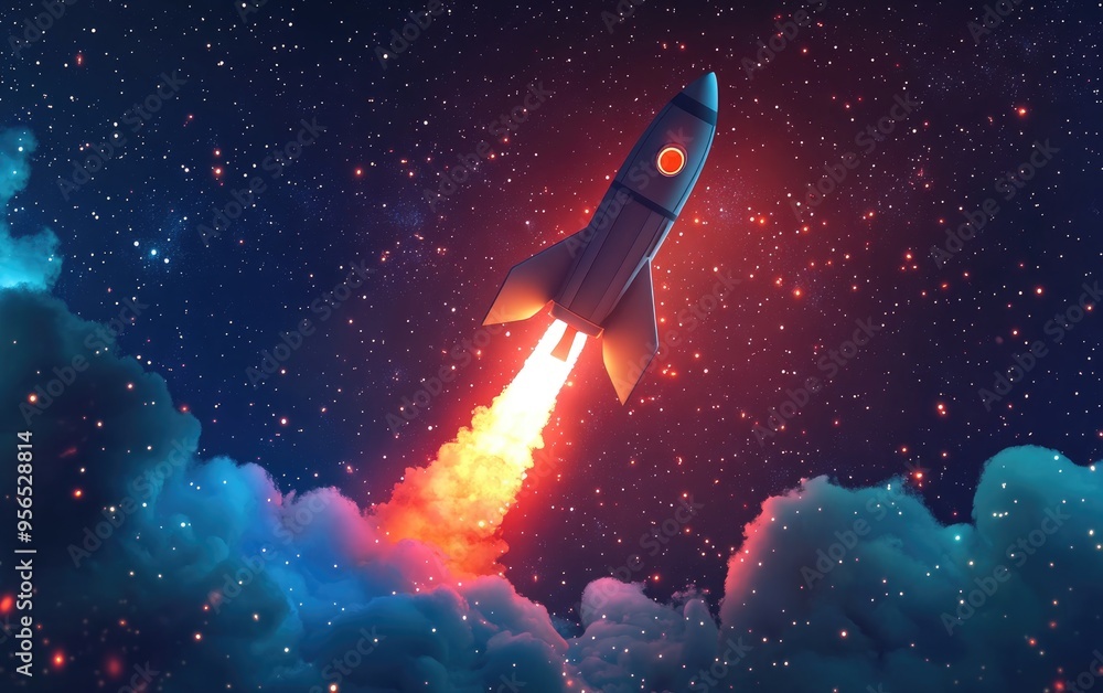 Aufkleber Rocket soaring into the starry sky in a 3D cartoon rendering Spaceship commences its mission Space shuttle launches for the mission