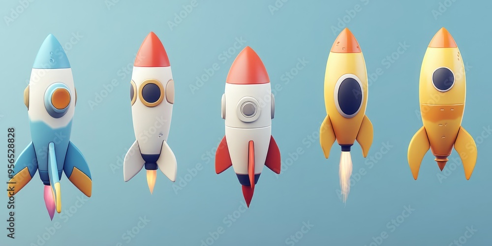 Poster rocket icon set illustration in 3d cartoon rendering symbols and signs for startups featuring a rock