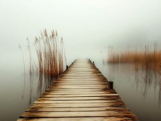 Foggy lakeside with an old wooden dock, tall reeds, soft morning light, wideangle shot, serene and atmospheric