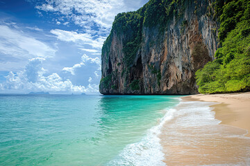 A Serene Escape: Towering Cliffs Guard a Secluded Beach, Where Turquoise Waters Lap Gently Against Soft Sand.