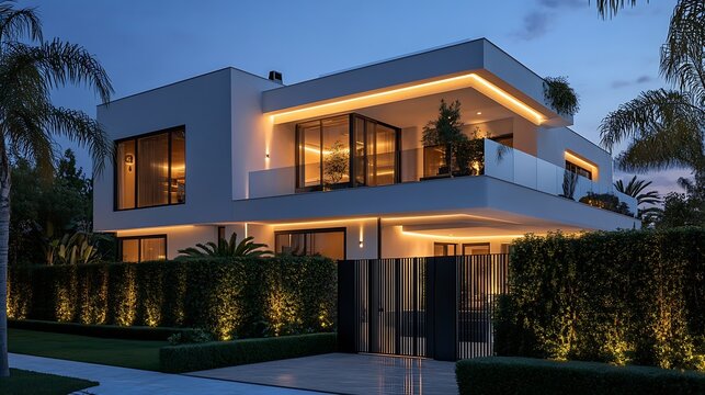 Sotogrande Spain  January 23 2024  A modern house at night illuminated by exterior lights with a black gate and lush green hedge : Generative AI