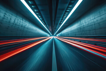 A Symphony of Speed:  Neon streaks illuminate the darkness within a concrete tunnel, capturing the thrill of high-velocity travel.