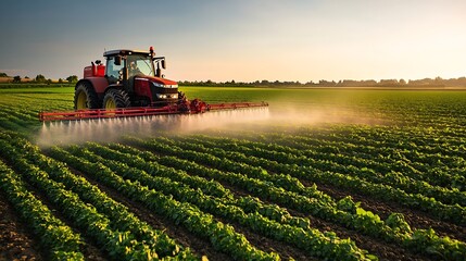 Tractor drives through a green field and sprays crops with pesticides in a farmer s field : Generative AI
