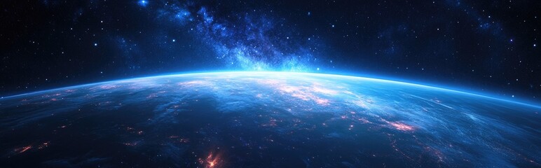 Fototapeta premium A panoramic view from space featuring a galaxy against the backdrop of a starry night sky in 3D cartoon style