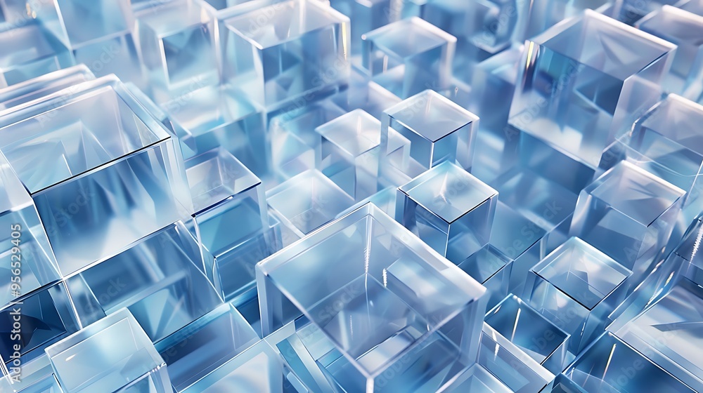 Poster a mesmerizing 3d pattern of transparent blue cubes, each reflecting light in a subtle and sophistica