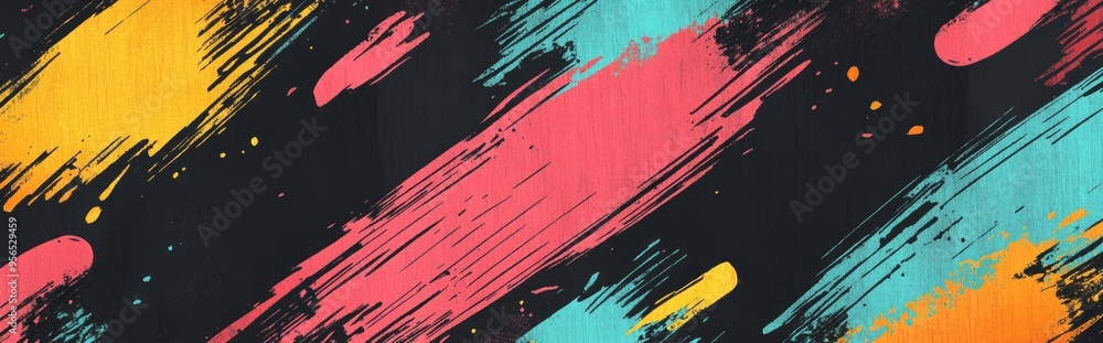 Poster Black Modern Paintbrush Texture with Hand Drawn Lines Pattern Grunge Paint Roller featuring Summer Colors in a 1960s style Ethnic Pattern 3D Cartoon Rendering of Ink Background