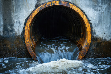 A Stream of Water Cascading Out of a Rusty Pipe, Nature's Symphony of Flow and Rust.