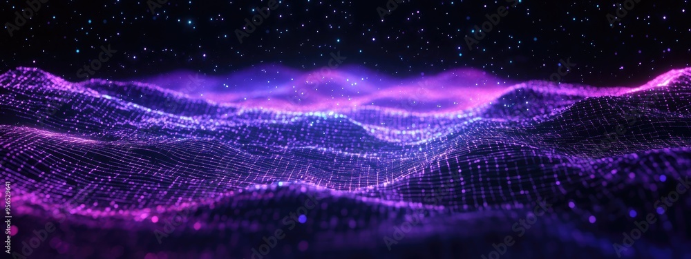 Aufkleber Abstract ultraviolet landscape with a dark background featuring a purple cyberspace grid high tech network and violet starry outer space texture in 3D cartoon rendering
