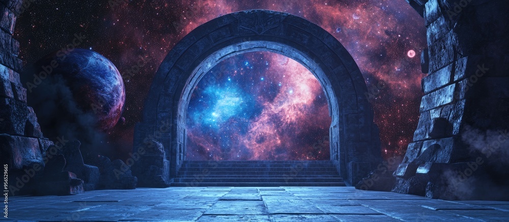 Leinwandbilder 3d cartoon rendering of a fantasy portal leading astronauts to explore new galaxies and distant worl