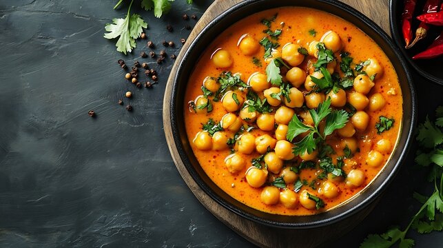 Light orange veggie curry with chickpeas chili peppers coriander leaves and cumin seeds on a white marble background Vegetarian recipes healthy food Fusion cuisine vertical composition : Generative AI