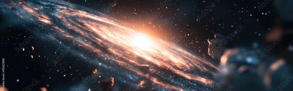 Poster Cartoon rendering in 3D of stars and a galaxy within open space