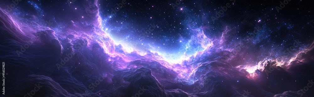 Poster abstract panorama of space and galaxy in 3d cartoon rendering