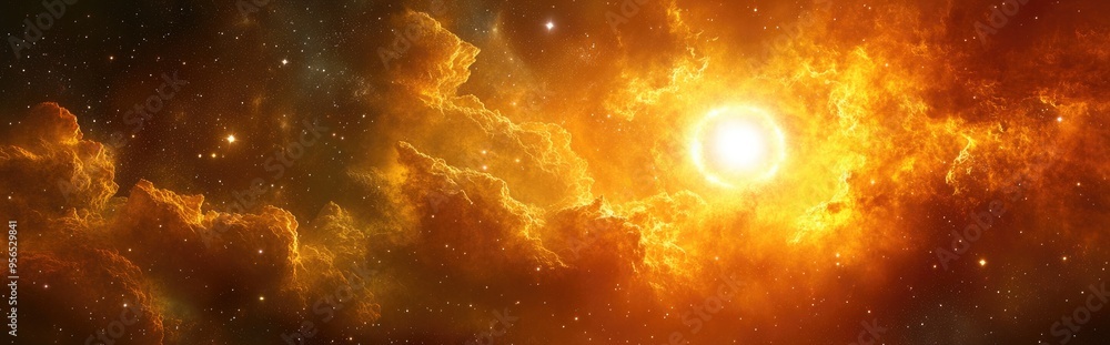 Poster Universe depicted in a 3D cartoon rendering featuring an interstellar cloud of dust and gas Space background includes sun and stars